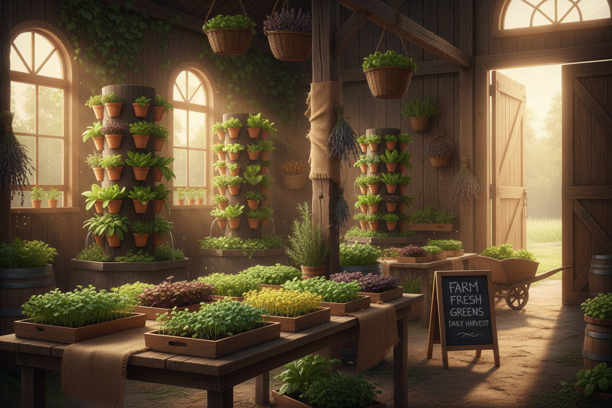 Rustic farm scene with microgreens and hydroponic towers